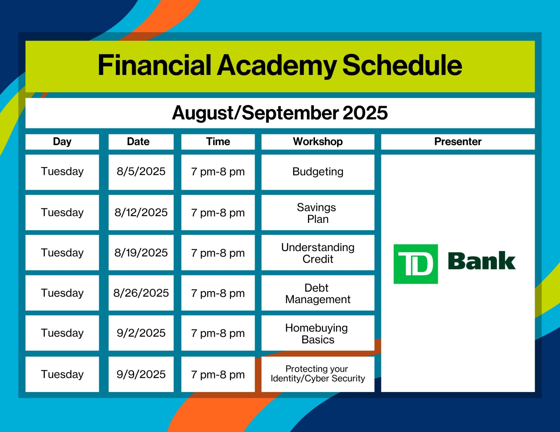Financial Academy Class Schedule Template Financial Academy August September 2025 Schedule for Website