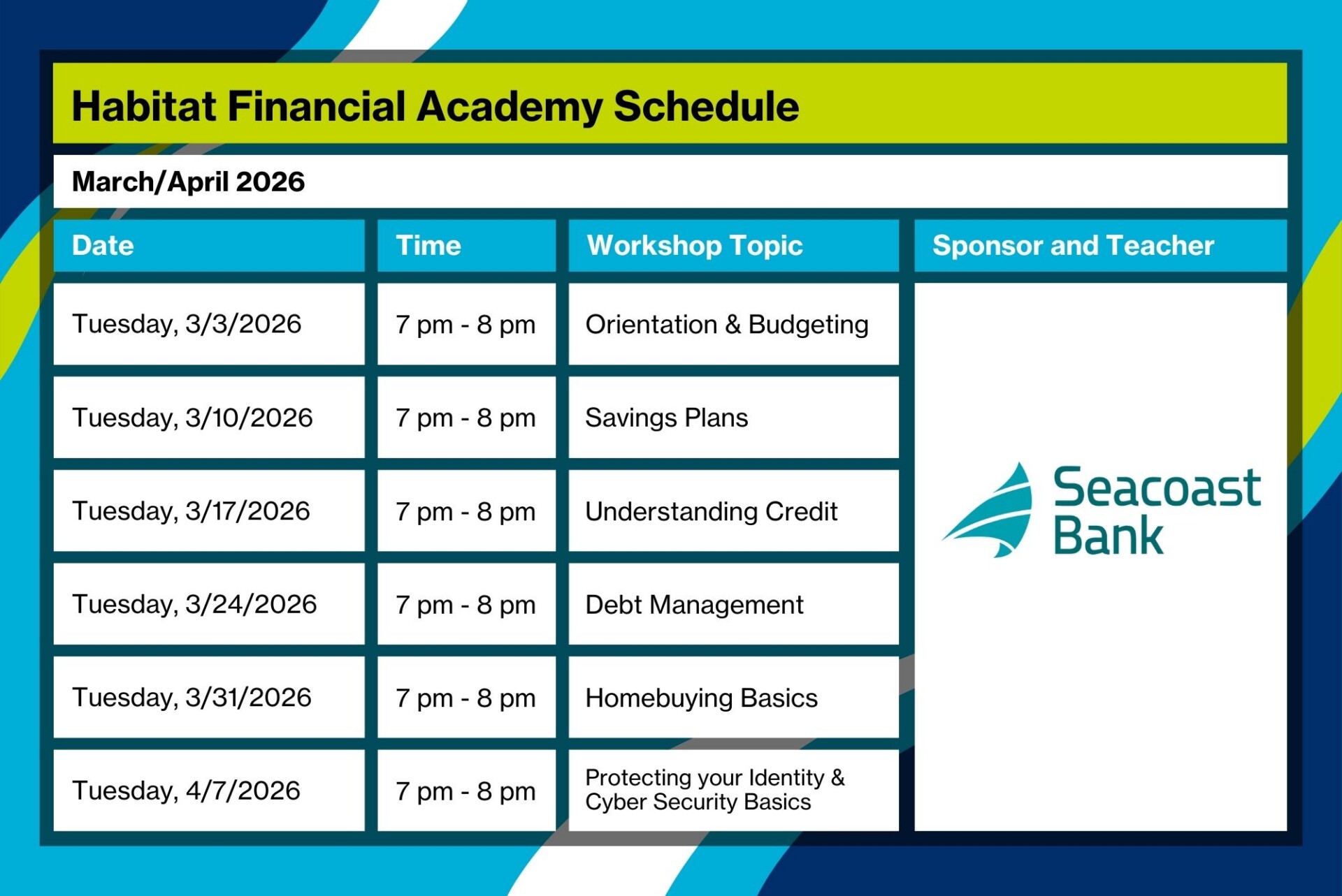 Seacoast Bank March 2026 Financial Academy Schedule for Website
