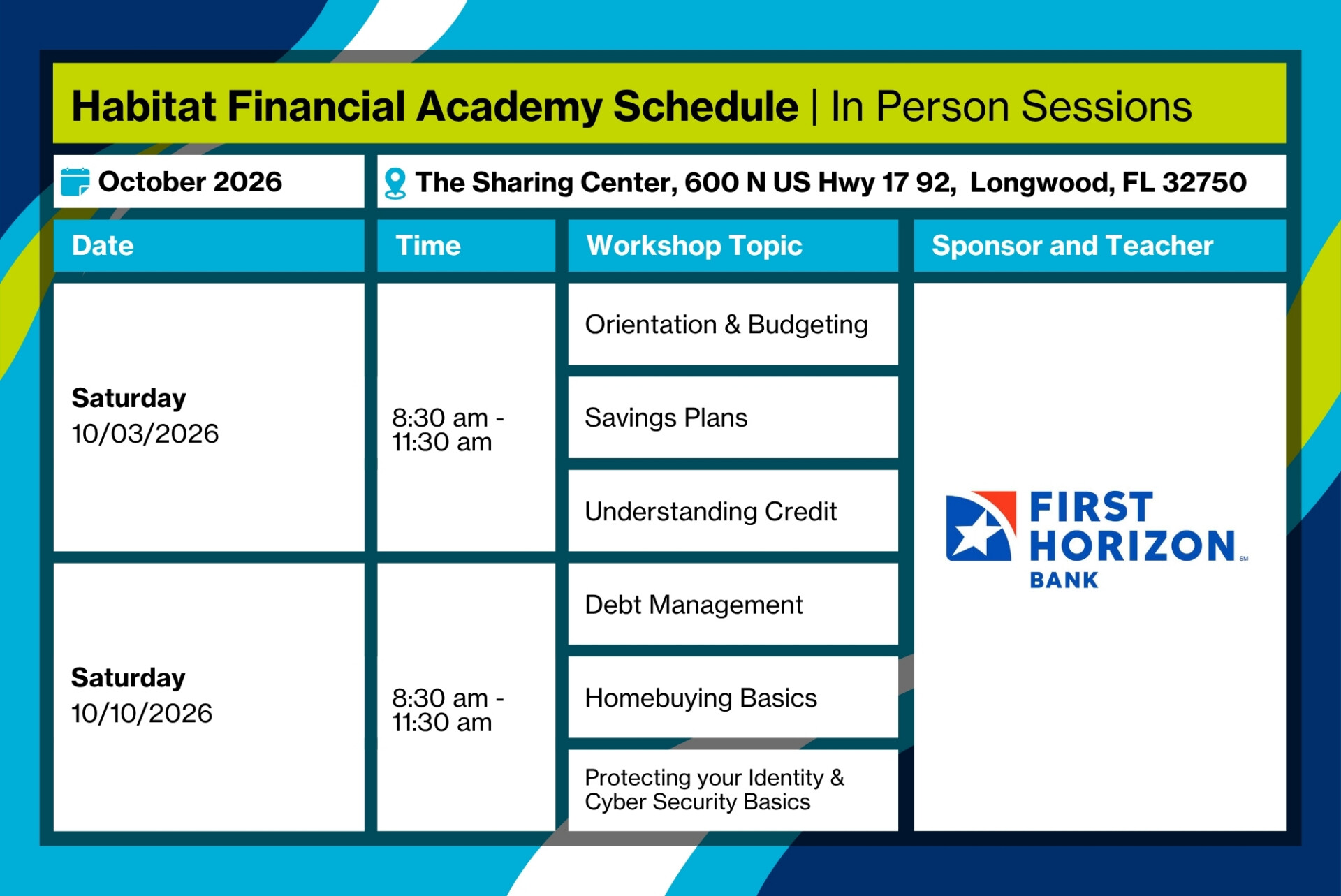 First Horizon October 2026 Financial Academy Schedule for Website